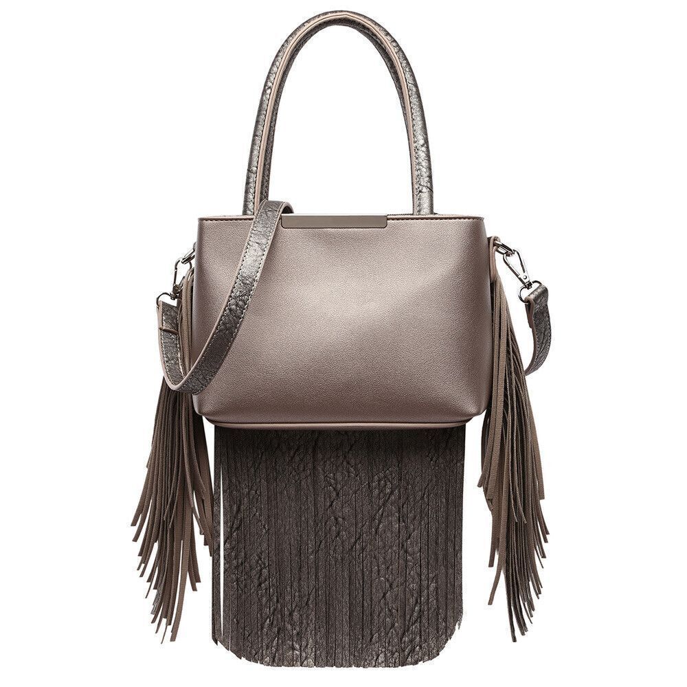 Pewter Solid Fringe Medium Satchel Handbag  for Women